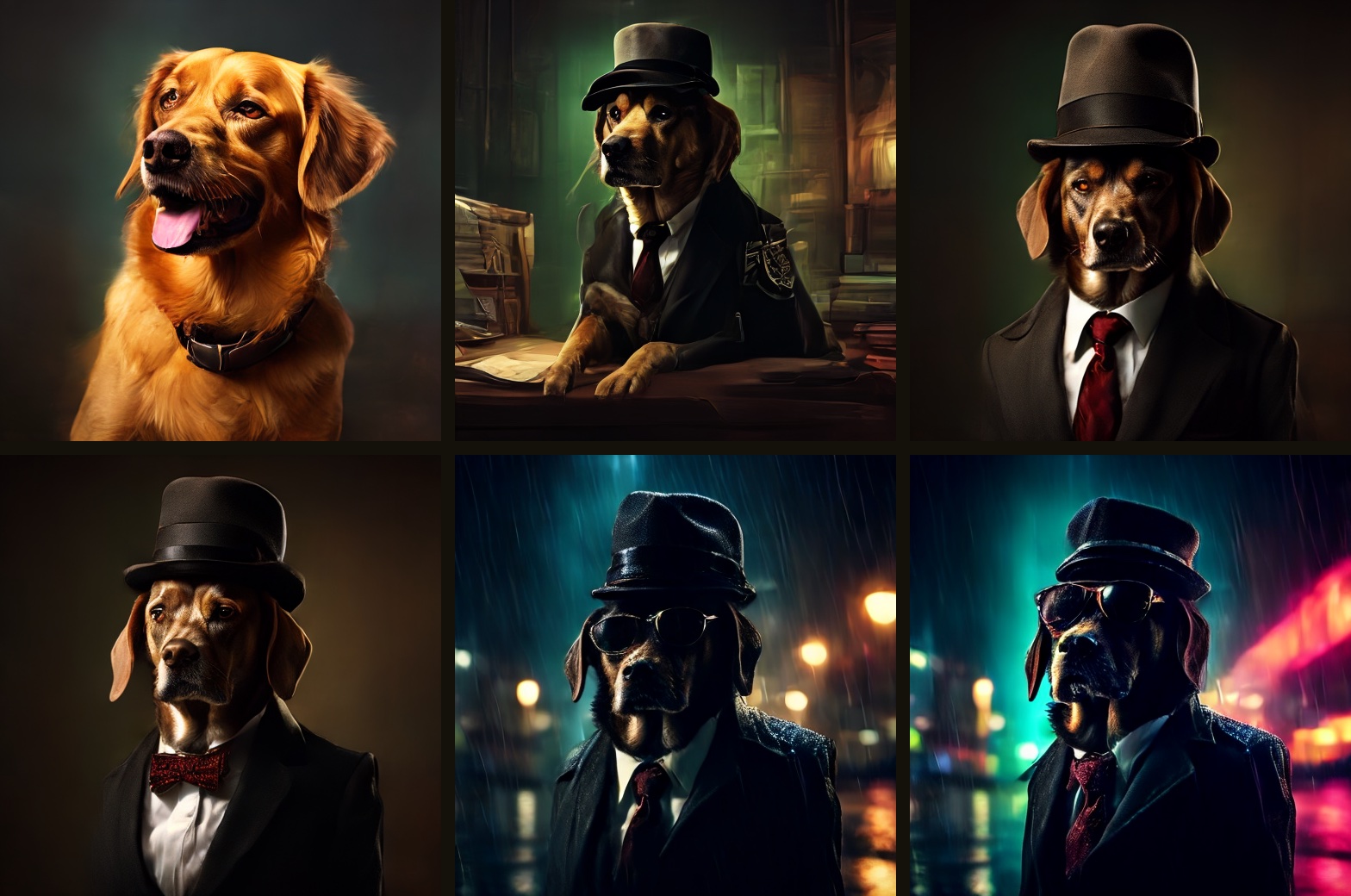 Six Atelico IG renders with the same seed as the prompt grows: a dog; a dog detective; wearing a hat; and a bow tie; with glasses in the rain at night; with neon lights.