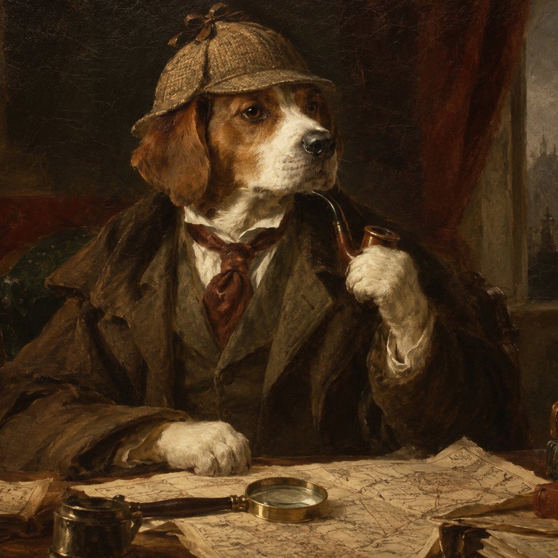 A hound detective in a deerstalker with a pipe at a desk of maps, as a nineteenth-century oil painting.