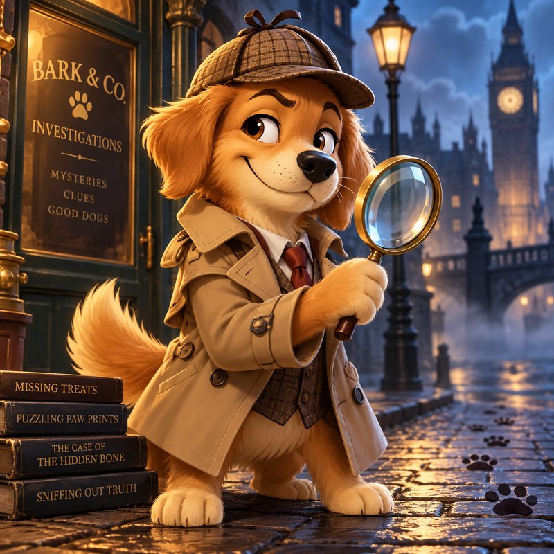 A golden retriever detective with a magnifying glass on foggy London cobblestones, in a polished cartoon style.