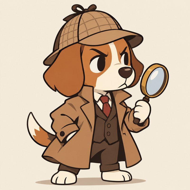 A beagle detective in a deerstalker and trench coat holding a magnifying glass, in a flat 2D chibi style.