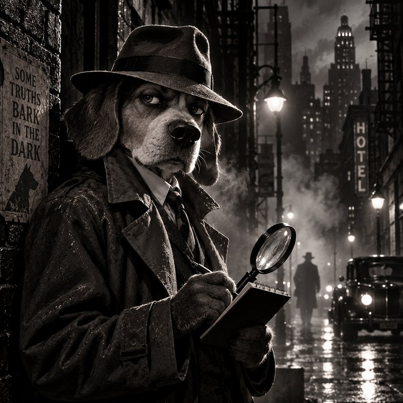A hound detective in a fedora and trench coat on a rainy night street, in black-and-white film-noir style.